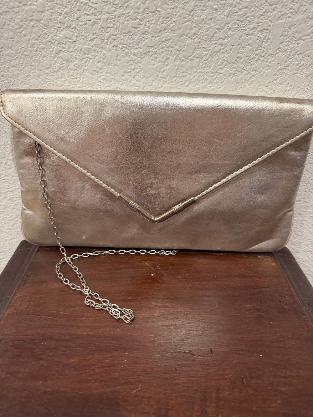 Henry Levine Vintage Metallic Silver Envelope Clutch with Chain Strap